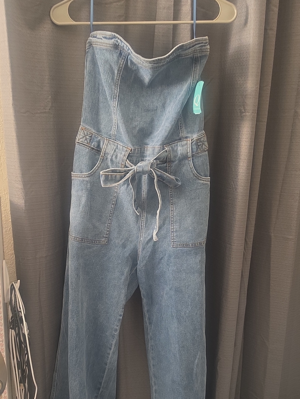 Strapless Light Blue Denim Jumpsuit with Waist Tie